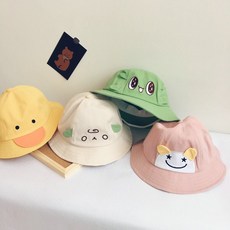 면 귀여운 만화 동물 어부 모자 아기 소녀 여름 단색 자수 버킷 야외 태양 보호 파나마 모자|Girl"s Hats|