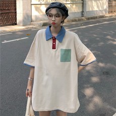 면 폴로 셔츠 빈티지 반팔 여성 티셔츠 루즈핏 포켓 탑
