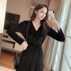 온스타일러 국내배송 래비 땡땡이 주름 벨벳원피스 여성 겨울 원피스 롱원피스 롱벨벳원피스 플리츠원피스 캐주얼원피스 도트원피스 랩원피스