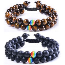 Starto 자연 차크라 스톤 요가 비즈 팔찌 타이거 아이 용암 바위 레이키 치유 Tiger Eye+Black Agate 2PCS