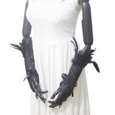 깃털 달린 신부 장갑 깃털 달린 꽃 정교한 긴 총각 파티 다크 레이스워크 신부 장갑 다크 레이스워크