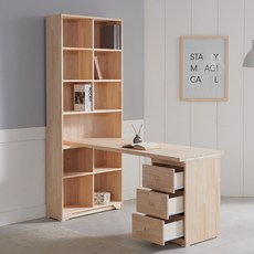 리베르 1인 서재 H형 책상 세트 책장 서랍 학생 컴퓨터 미송 원목, 내추럴