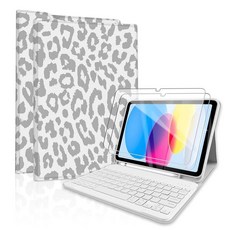  USA배송 TopPerfekt 아이패드 10세대 10인치2022 케이스 블루투스 키보드 포함분리형 충전식 자석 부착 자동 최대 절전 모드웨이크 강화 필름 2개가 있는 펜슬 홀더 블, 스크린 프로텍터 레오파드 그레이 