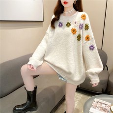 인싸템 화려함 가을 후크꽃 라운드넥 와이드 루즈핏 자수 풀오버 인조 캐시미어 여성의류
