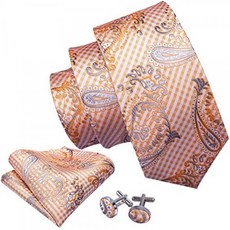 Barry.Wang Men Paisley Tie Silk Light Orange Necktie with Handkerchief Cufflinks