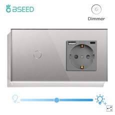 BSEED 터치 조광기 스위치 1 갱 2 웨이 LED 조명 벽 전원 소켓 콘센트 16A EU 표준 크리스탈 유리, [08] 1Gang Type-c Gray, [01] 2way, 1개, [08] 1Gang Type-c Gray