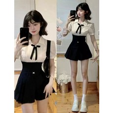 아메리칸 핫걸 여성용 슈트 여름 프레피 스타일 순수 욕망 허리 슬리밍 셔츠 달콤하고 매운 벨트 스커트 스커트와 바지 투피스 세트