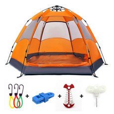 원터치 돔형 텐트 캠핑 육각 대형 5~6인용 +방수플라이 구성품 4피스식, 오렌지(5~6인)