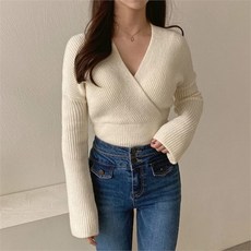 여자 겨울 디프 브이넥 골지 사선 랩 니트 티셔츠