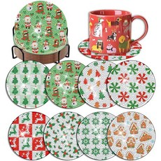 Denylo pro 8pcs 3D 크리스마스 다이아몬드 아트 코스터 키트 with 홀더 DIY 3D 크리스마스 다이아몬드 아트 코스터 어른용 미끄럼 방지 코스터 선물용 다이아몬드, Christmas Style-2, 1개