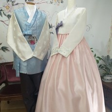 [한복대여] 화려한오후 아이보리 연분홍 치마 연소라 배자 커플한복 한복 세트