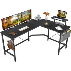 L자형 컴퓨터 책상 게이밍 책상 컴퓨터 테이블 학생 책상 서재 책상 사무용 책상 모니터 받침대 보관 가방과 후크 케이블 매니저 포함 1인용 2인용, 블랙