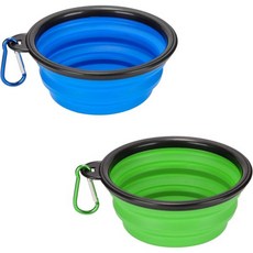 Pack of 2 Large Size Collapsible Dog Bowl Food Grade Silicone BPA Free with Carabiner Clip Foldabl, Blue & Green, 2개 - 강아지푸드클립