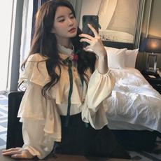 왕리본 블라우스 빅사이즈 시스루 리본 타이 화이트 이너 프릴 하프넥 오버핏 셔츠 2XL~4LXL