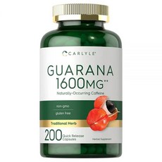 Carlyle Guarana 1600mg 퀵 릴리즈 캡슐 200개 추출물 자연적으로 발생 카페인, 1개