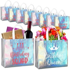 Clysee 10팩 재사용 가능한 생일 스쿼드 생일 퀸 선물 가방 손잡이 포함 대형 생일 토트백 여성용 (핑크 푸시아), 무지갯빛 색상