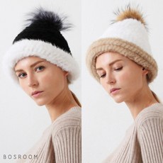 [보스룸] [BOSROOM]여성 풍성한 밍크퍼 털모자 실버폭스 라쿤 폼폼 믹스 컬러 2컬러