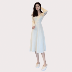 POMTOR V넥 버튼 니트 긴팔 원피스 플리츠 니트 롱원피스