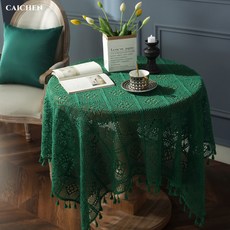 CAICHEN 북유럽 홈카페 손뜨개 레이스 원형 테이블커버 태슬 테이블보, 180 x 180 cm, 초록