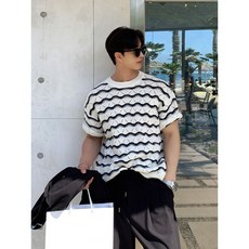 ANYOU 남성 반팔티 여름에 고급스러움을 더하는 고급 레이스 니트 플라워 웨이브 패턴 티셔츠