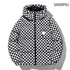 SMOPIG 겨울 남성 와일드 패션 화이트 오리털 체크 커플 후드 빵 패딩 코트