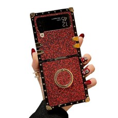 삼성 갤럭시 Z 플립 4 블링 케이스 럭셔리 글리터 스파클 귀여운 골드 스퀘어 코너 소프트 트렁크 커버 핑거 링 그립 킥스탠드 폰 스킨 레드