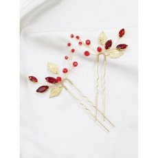 브리하소리 레드 브라이덜 헤어 핀 2PCS 신부용 웨딩 피스 여성용 액세서리용 핸드메이드 라인스톤 클립 파티 프롬 장식 신부 들러리 선물