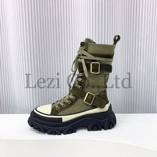 밀리터리워커 캔버스 밀리터리 컴뱃 크리퍼 레이스업 부츠 중간 송아지 가을 라운드 토 블록 디자이너 신발 여성용 럭셔리
