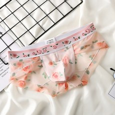 남성삼각팬티속건슬림투명망사남성팬티프린트팬티, XL, 핑크
