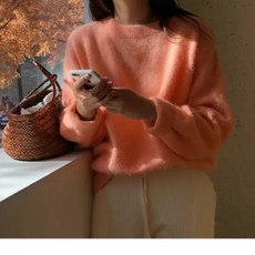 베이지 라운드 넥 인조 밍크 기모 풀오버스웨터 여성 겨울 가을 외 입다 털보송 살구색 모헤어니트 상의