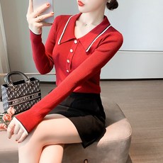 POLO 넥 긴 소매 니트 겨울 가을 여성 룩 아우터 풀오버 후드 슬림 슬림핏 이너 상의