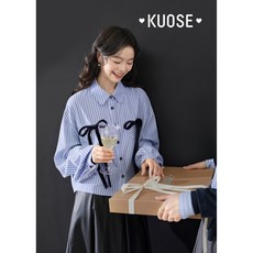 KUOSE 쿠오세 리본 프렌치 스트라이프 블라우스 셔츠