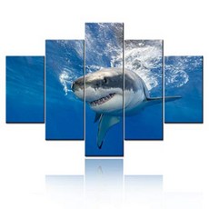 5 Piece Blue Wall Art Painting Great White Shark Catching Fish At Guadalupe Island Pictures Prints O, 1, Artwork-11