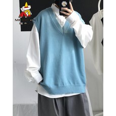mexican 허수아비 (mexican) 2020 가을 품 인 스타 그램 레 드 스 쿨 민소매 니 트 남녀 조끼 베 V 넥 모 노 톤 심 플 호수 블 루 S