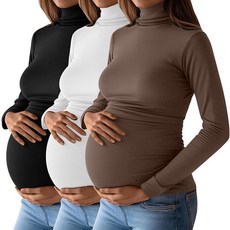 Ficerd 3팩 여성용 임산부 셔츠 터틀넥 긴소매 임산부 상의 사이드 주름 장식 임산부 티셔츠 블랙 화이트 커피