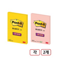 3M)포스트잇 강한점착용(660-L/라인) 4개입, (그리움노랑+베이비핑크)각2개씩