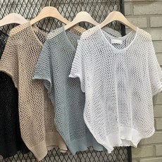 그물가오리 티셔츠)여름니트 반팔니트 펀칭 니트티셔츠 비침 시스루 그물니트 브이넥 비치웨어 해변의류