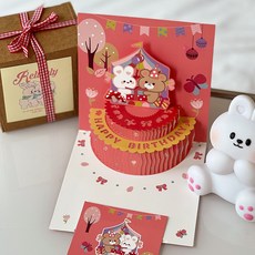 애니멀 3D 생일 축하카드 4종 케이크 팝업카드 입체카드, 레드