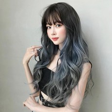 옴브레 여성스러운 웨이브 긴머리 통가발 그레이 블루 애쉬