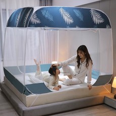 성인 어른 침대 거실 바닥 캠핑 텐트 모기장 1 인용 원터치 간편한 설치 모기 물림 방지, 푸른 잎 + 2.0m (6.6 피트) 침대