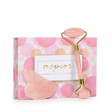 Aspior Emocci Beauty Rose Quartz Gua Sha & Jade Face Roller Set 이모치 뷰티 장미 석영 제이드 페이스 롤러 앤 구아샤 세트, 1개