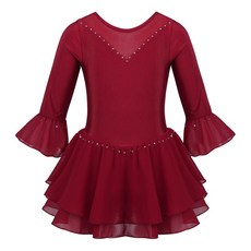 라틴 키즈 여자 체조 댄스웨어 반짝 이 플레어 슬리브 라인 석 피겨 스케이팅 드레스 아이스 스케이트 볼룸 댄스 경연 대회, Burgundy-18773033