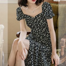 LYUMAY 블랙 플라워 퍼프 소매 a라인 원피스