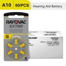 오래가는보청기용 배터리 RAYOVAC EXTRA 10 아연 공기 1.45V 성능 PR70 60PCs/10 카드, A10, 1개