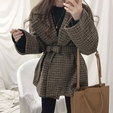 뉴욕멋쟁이 오디드 오픈 체크자켓 벨트세트 여성 겨울자켓 코트
