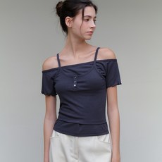 아워코모스 comos 1160 layered top off shoulder T-shirt (charcoal navy)