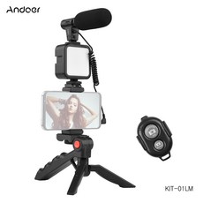 Andoer 휴대용 스마트폰 유튜브 촬영 장비 키트 마이크 키트(삼각대 + D-05 마이크 + 셔터 리모콘 + LED 촬영 조명 + 스마트폰 거치대), KIT-01LM