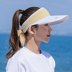 골린이 와이드앵글 여름 썬캡 여성 골프모자 리본 자외선차단 생활방수, 옐로우