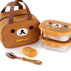 리락쿠마 아동용 2단 스텐 도시락 + 포크스푼, 리락브라운, 1세트