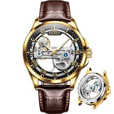 OLEVS Skeleton Tourbillon Leatehr 남성용 시계 럭셔리 드레스 오토매틱 셀프 와인딩 기계식 방수 스테인리스 스틸 야광 손목 선물 6661: 골드-블랙